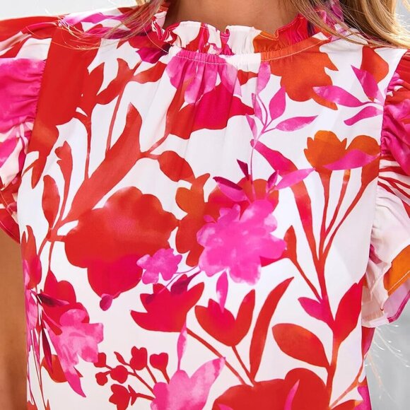 Women's Ruffle Short Sleeve Summer Tops - 2025 Trendy Floral Trim Neck Casual Dr - Picture 5 of 8